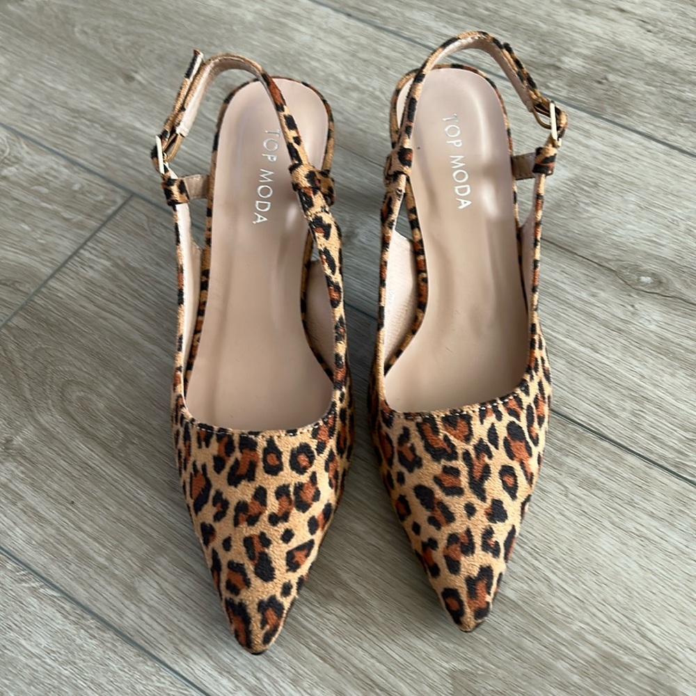 Leopard print sling back kitten sandal adjustable straps point toe